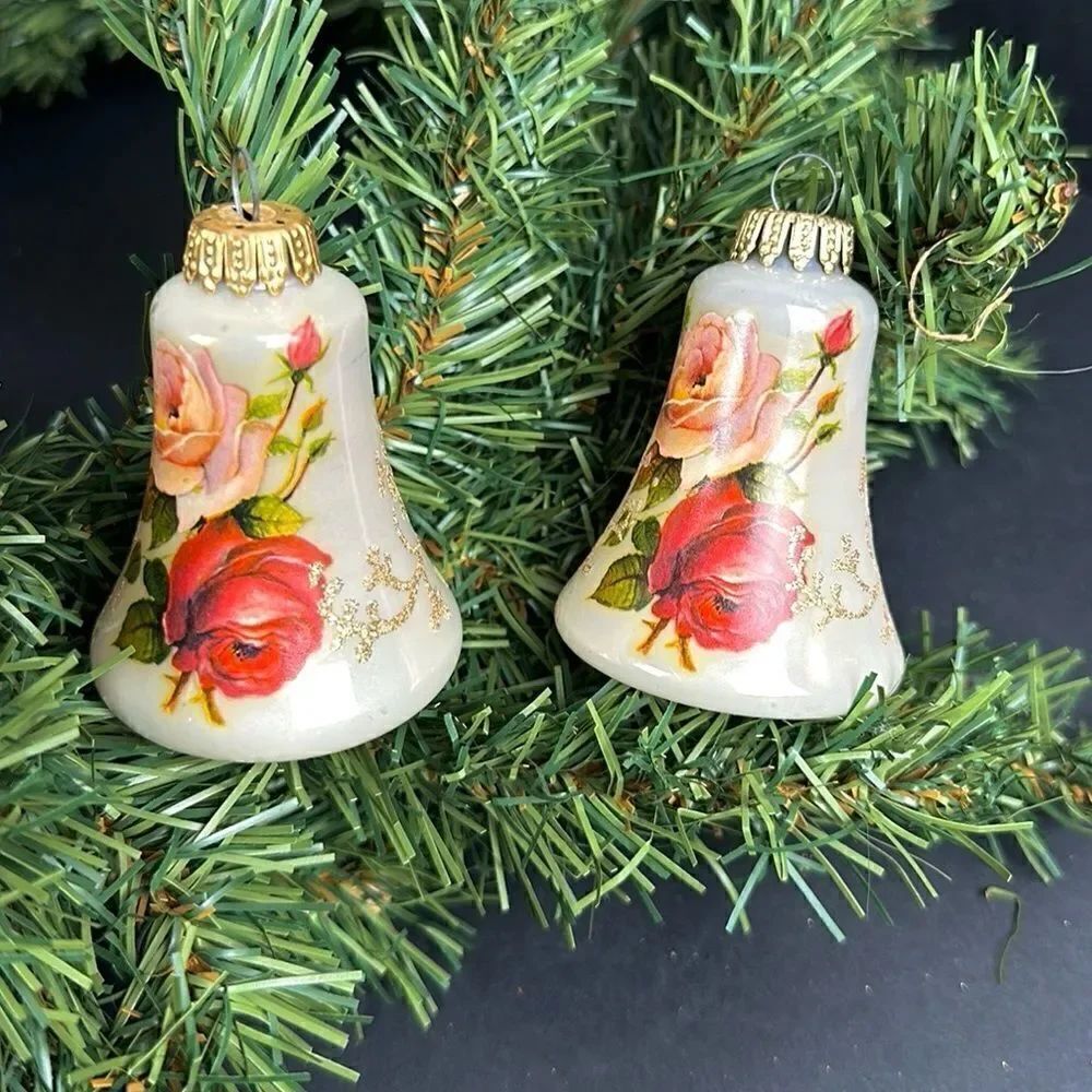 Two West Germany Christmas Bell Shaped Glass Ornaments Victorian Roses